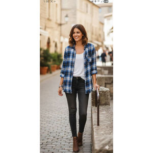 Krazy Kat Blue White Plaid Button Down Shirt lace back flannel sz XL